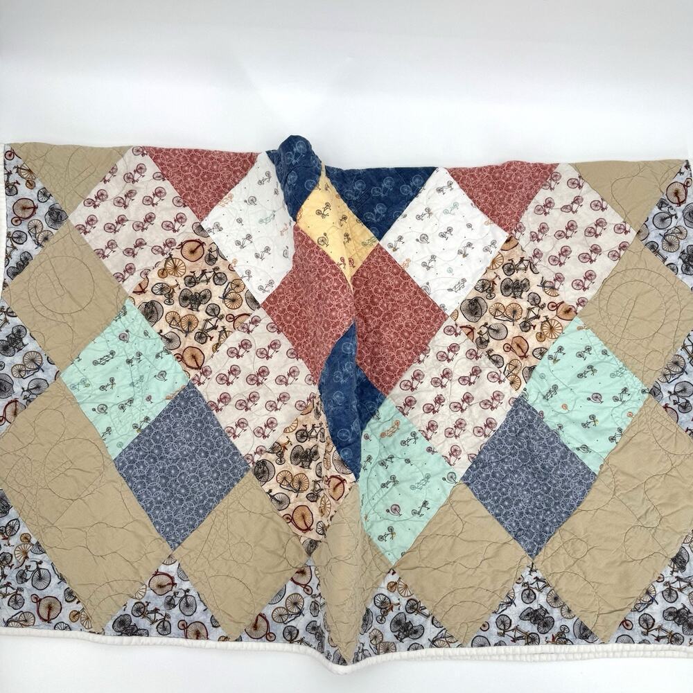 Handmade Throw Lap Quilt 54”x 45” Country Charm Diamond Patch Bicycle Themed - Picture 3 of 8